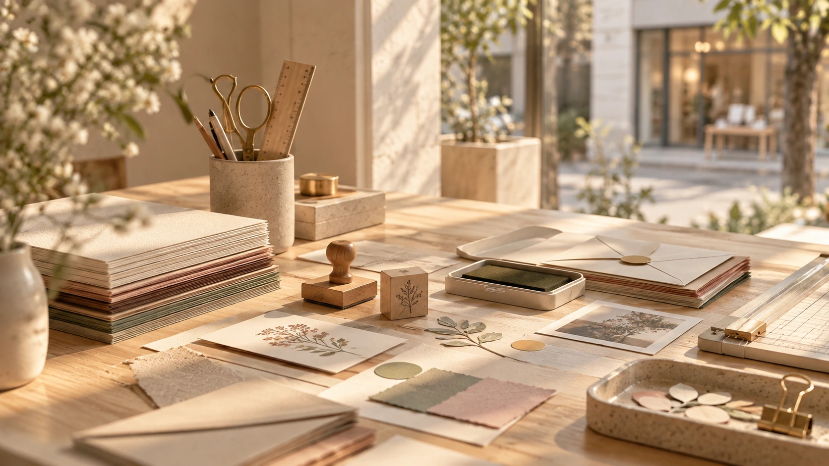 Paper, materials and tools arranged in a creative workspace