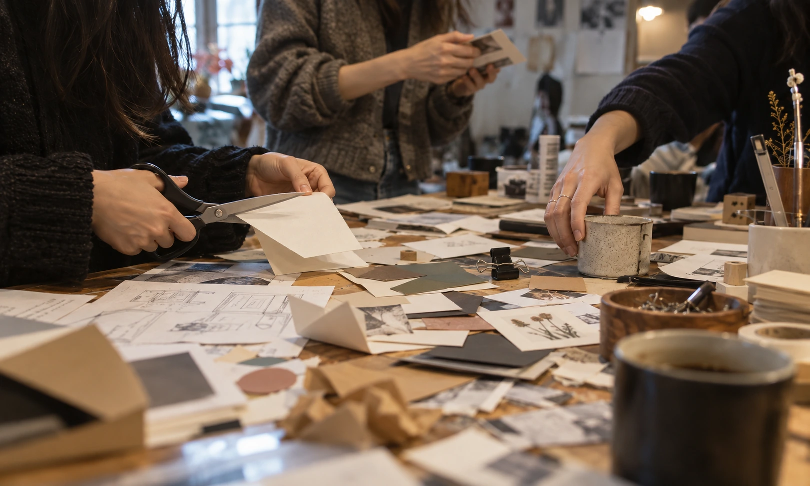 A creative studio team working with paper, tools and materials
