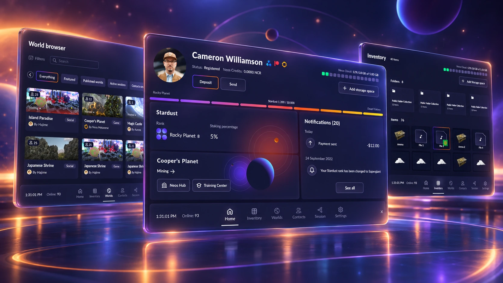 Neos Home, Inventory and World Browser interface system